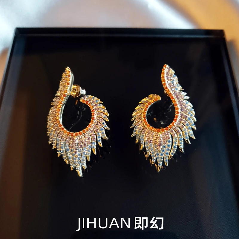 铜合金合成锆石耳饰 天使之翼 欧美羽翼设计款小众轻奢耳钉X-3729