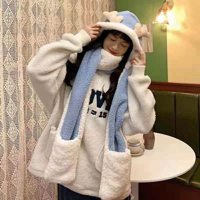 小鹿护耳朵帽子三件套围巾手套帽子3件套装男女秋冬毛绒连体帽